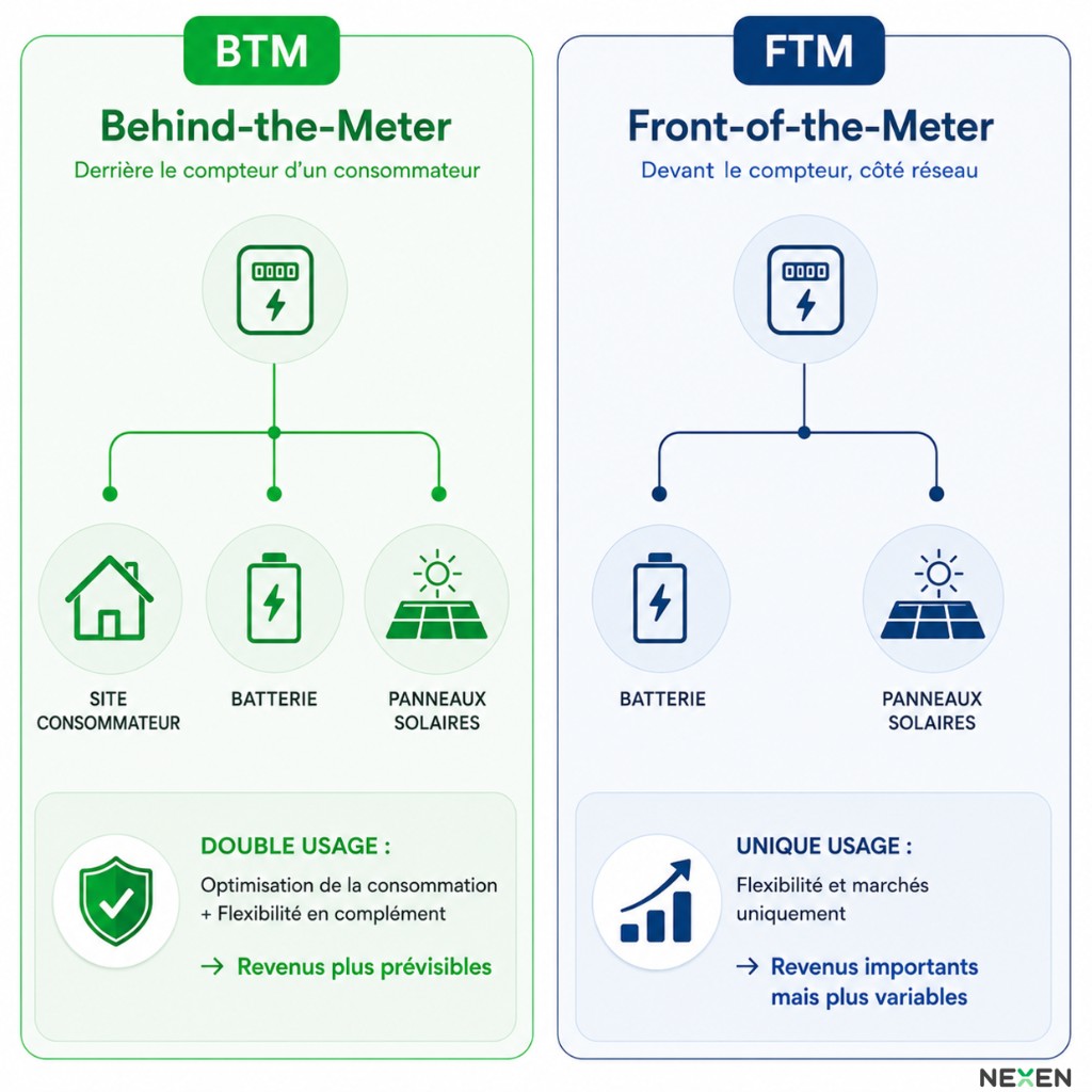 Infographie comparant les batteries behind-the-meter et front-of-the-meter, avec leurs usages et modèles économiques.